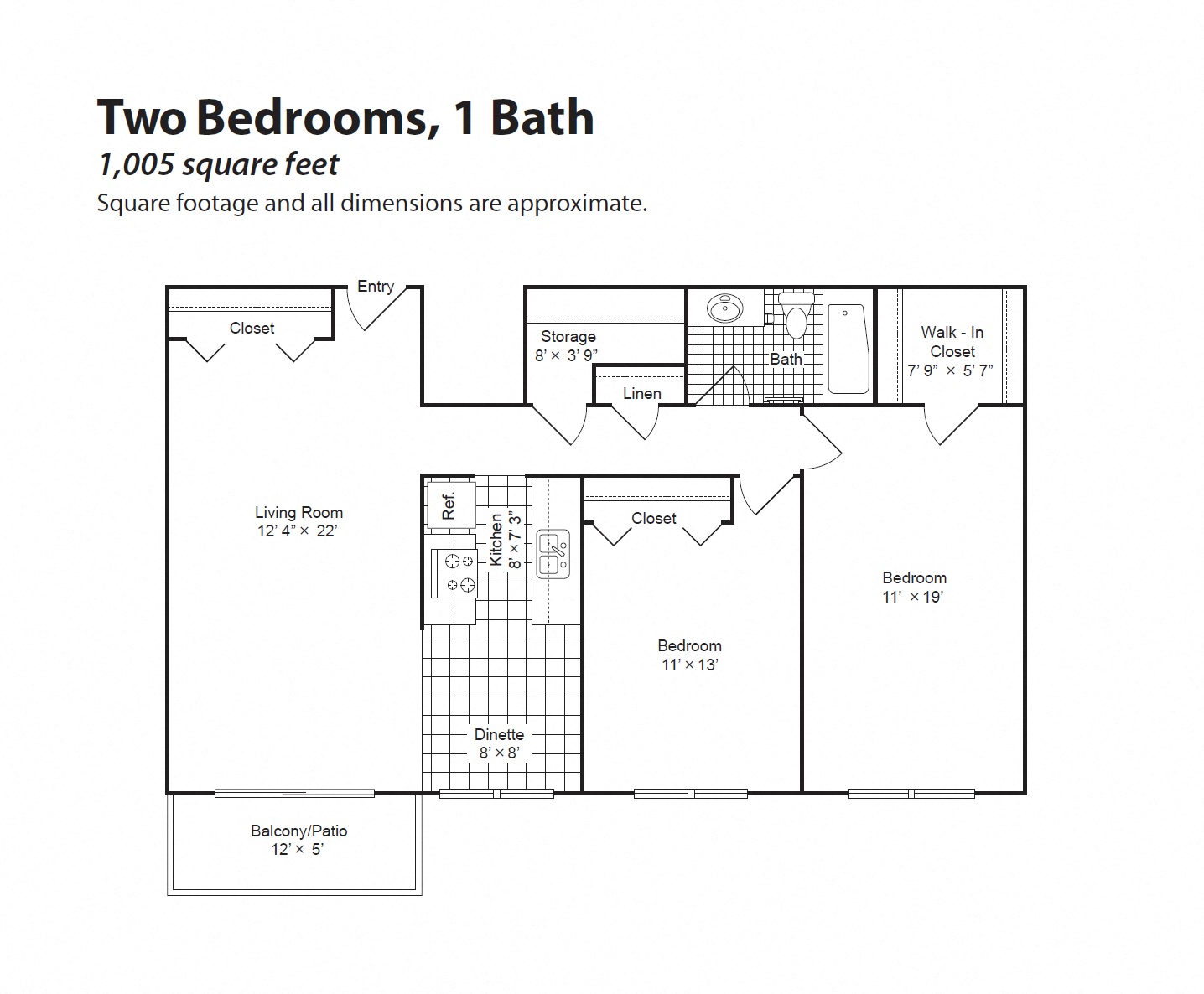Floor plan for 2 beds, 1 bath, 1000 sqft